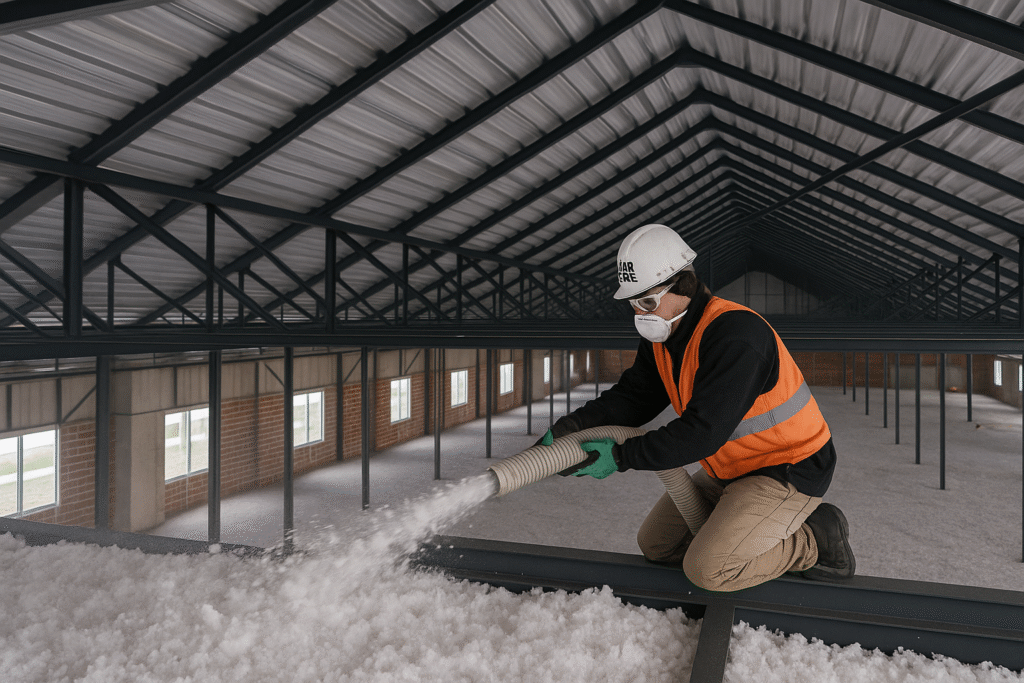 Air One technician installing attic insulation in a large commercial building to improve energy efficiency, reduce HVAC strain, and lower utility costs for business owners