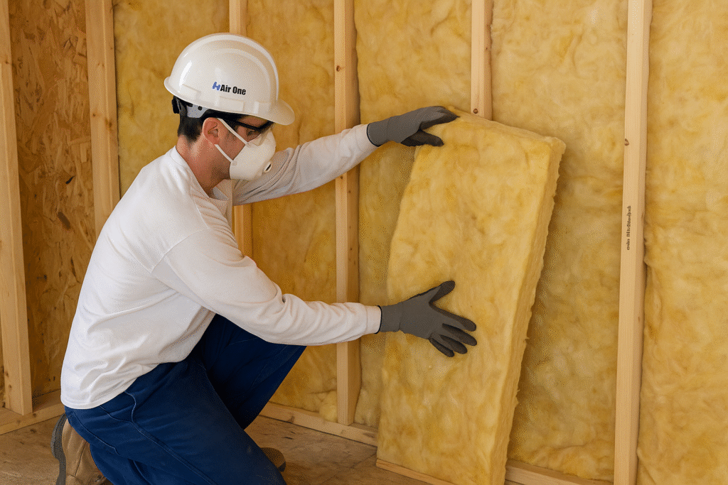 Air One Attic Insulation installer placing fiberglass batts into a residential wall to boost energy efficiency and indoor comfort