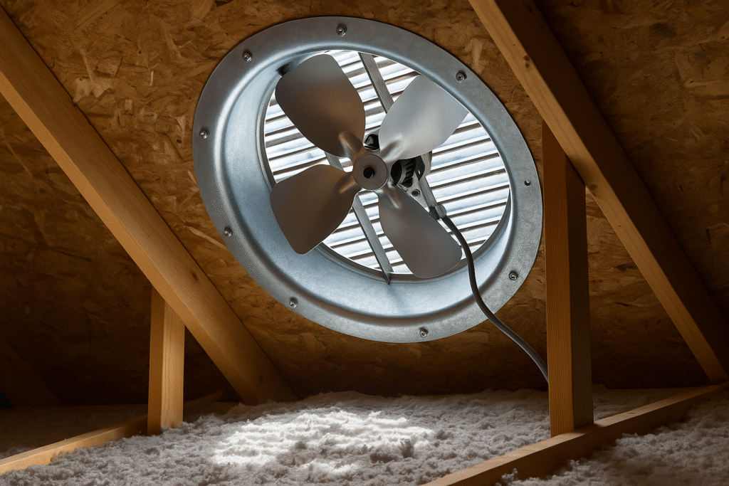 An attic fan being professionally installed by Air One Attic Insualtion in a residential roof to improve ventilation, reduce attic heat, and boost home energy efficiency.
